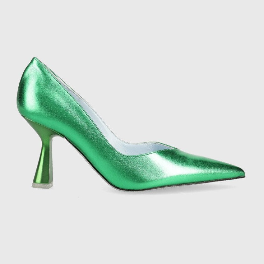 Pantofi Chiara Ferragni într-o superbă nuanță de verde metalic, cu toc de înălțime medie și vârf ascuțit  