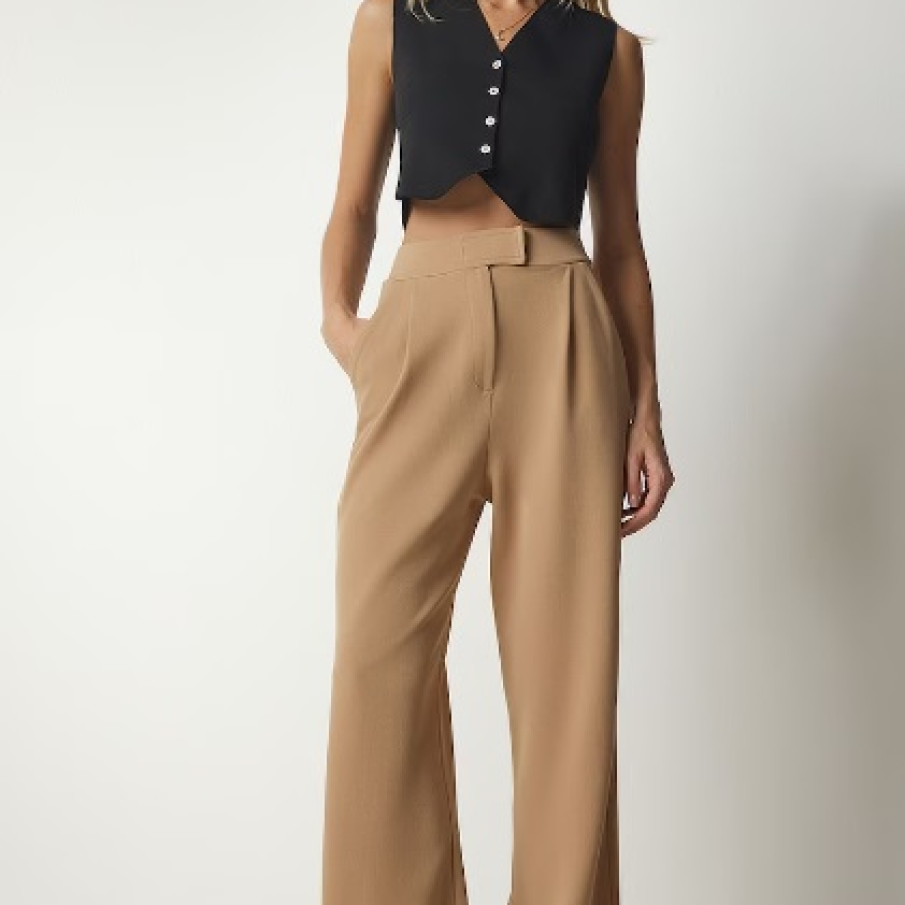 Pantaloni drepți cu talie înaltă Happiness İstanbul în nuanță de maro camel 