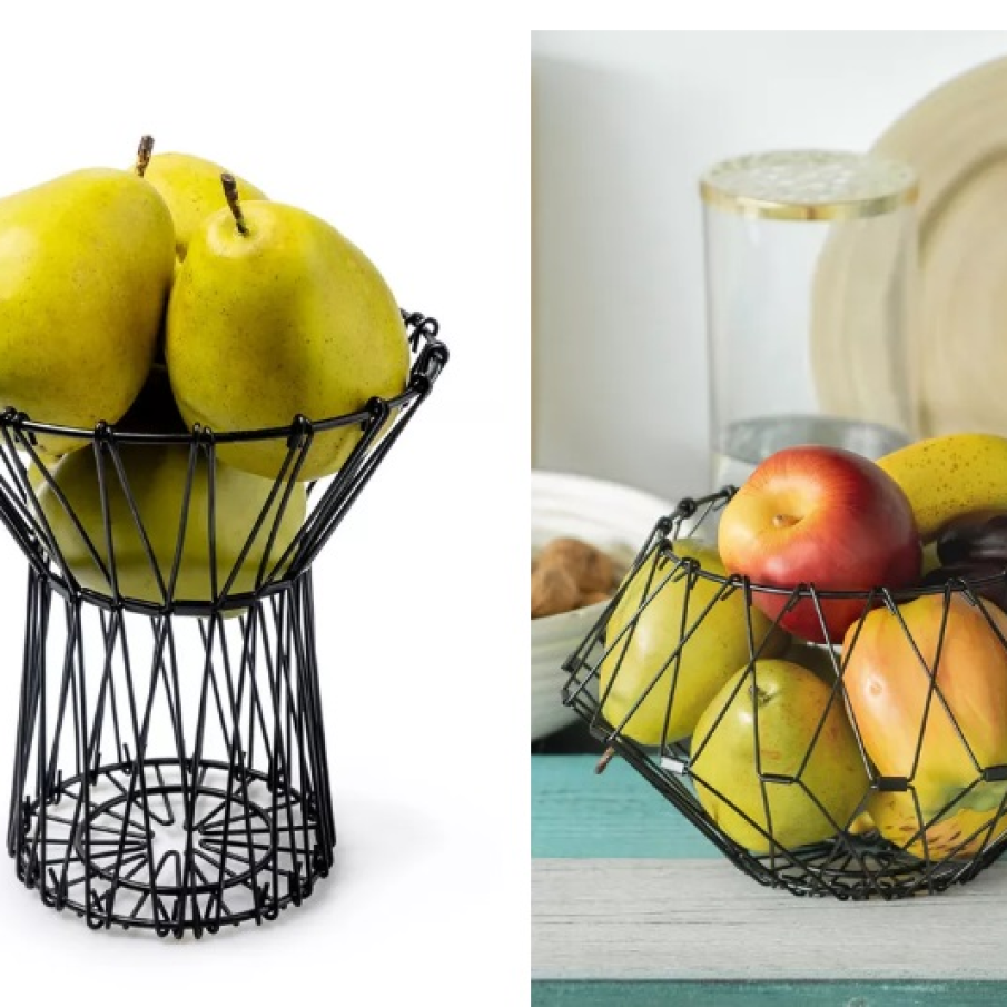 Cos de fructe din metal din colecția Balvi cu un design modern, ce își poate schimba forma 