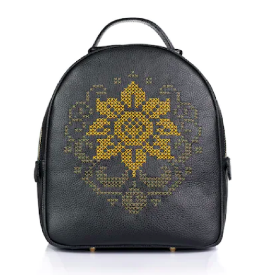 Rucsac brodat manual, RENA model Anastasia negru, din piele naturală