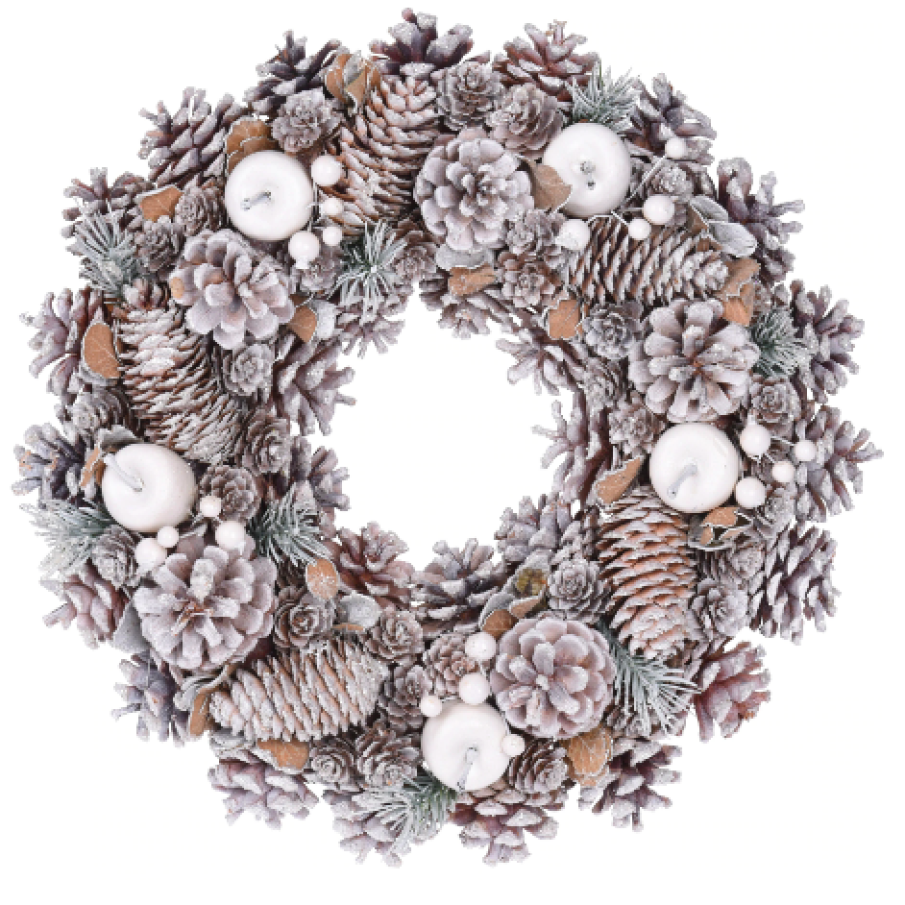 Coroniță decorativă Crăciun, 34 cm, cu conuri, argintiu