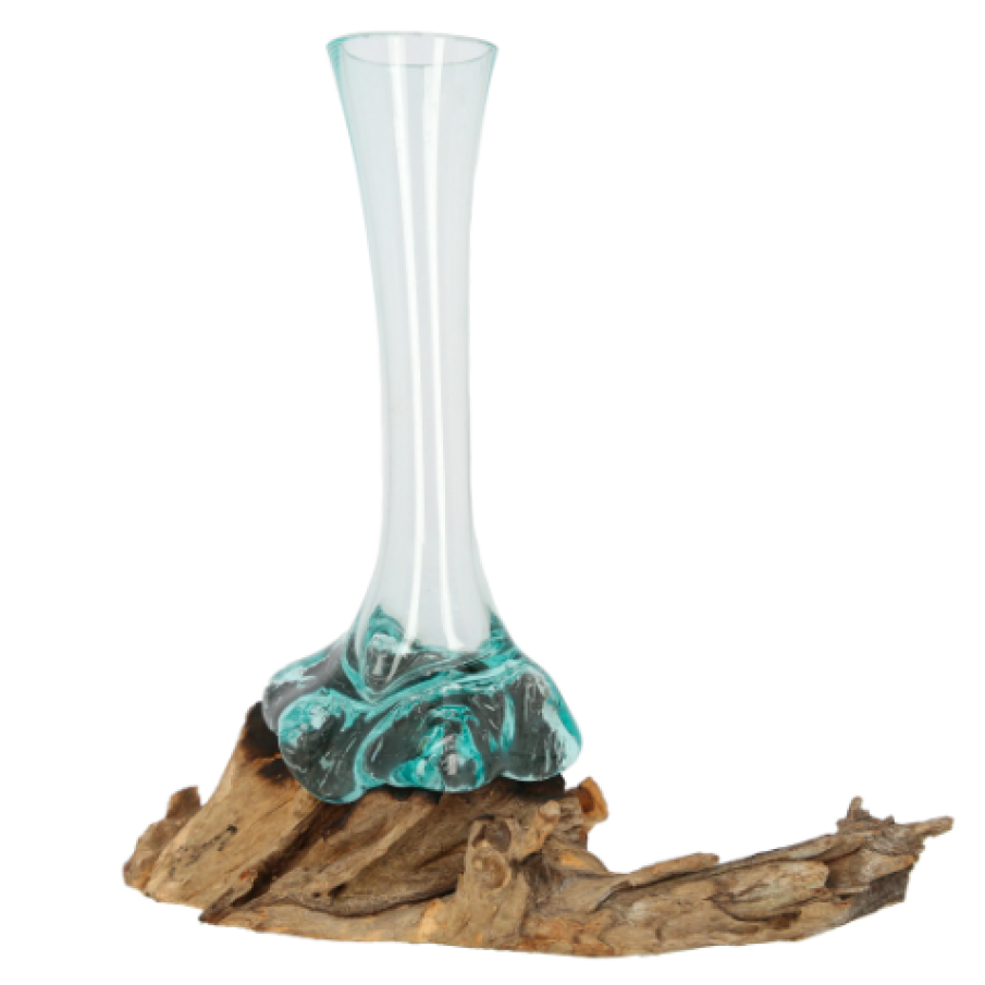 Vaza sticla turnata in radacina lemn