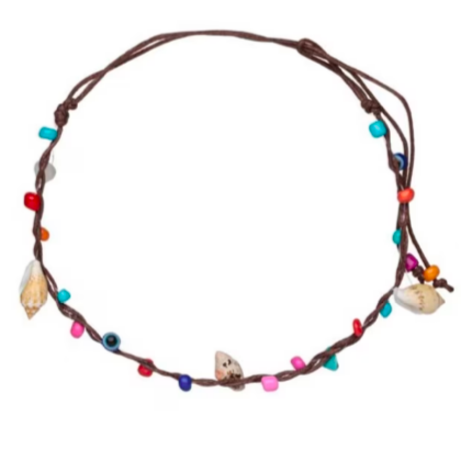 Brățară de picior de vară, de damă, cu șnur maro, scoici și mărgele colorate