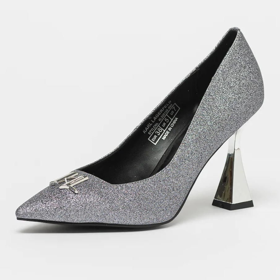 Pantofi argintii cu toc înalt și aspect strălucitor by Karl Lagerfeld, confecționați din material textil și sintetic 