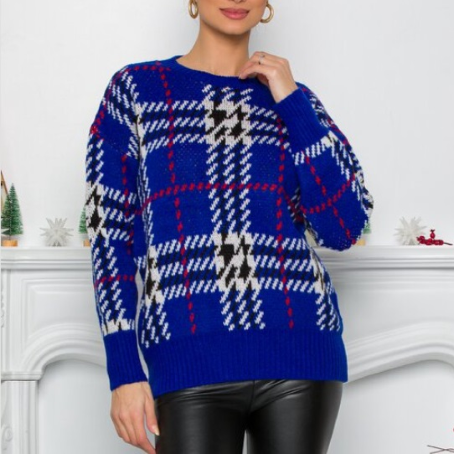 Pulover albastru roial cu imprimeu geometric 