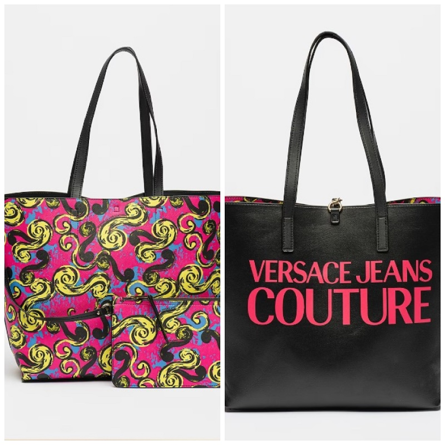 Geantă shopper reversibilă cu logo Versace Jeans Couture. Totodată dispune de un imprimeu vesel, multicolor, de inspirație picturală