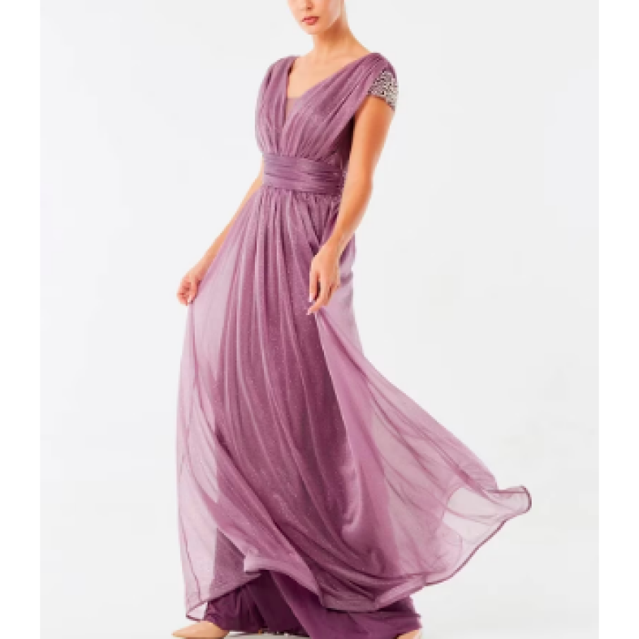 Rochie de seară strălucitoare culoarea violet deschis cu decolteu în V față spate