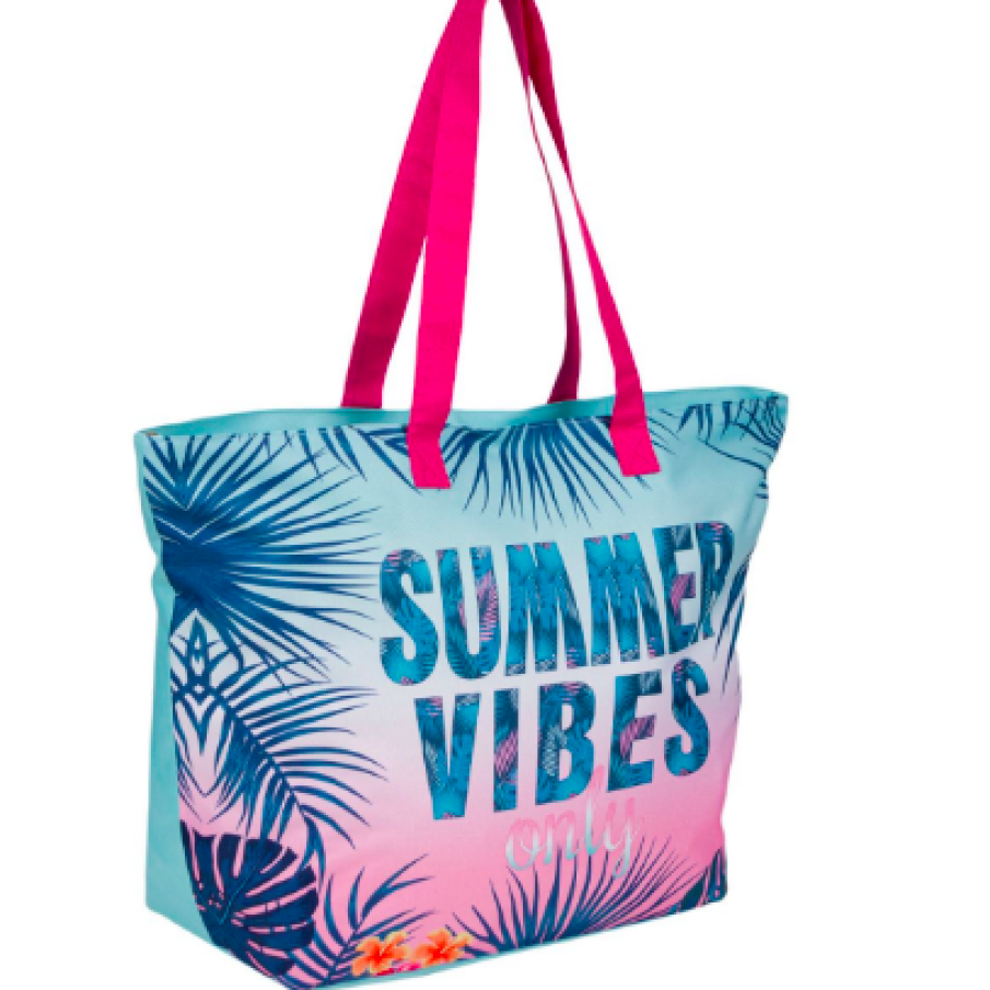 Geantă de plajă multicoloră, se închide cu fermoar ,are un portofel mic pentru interior