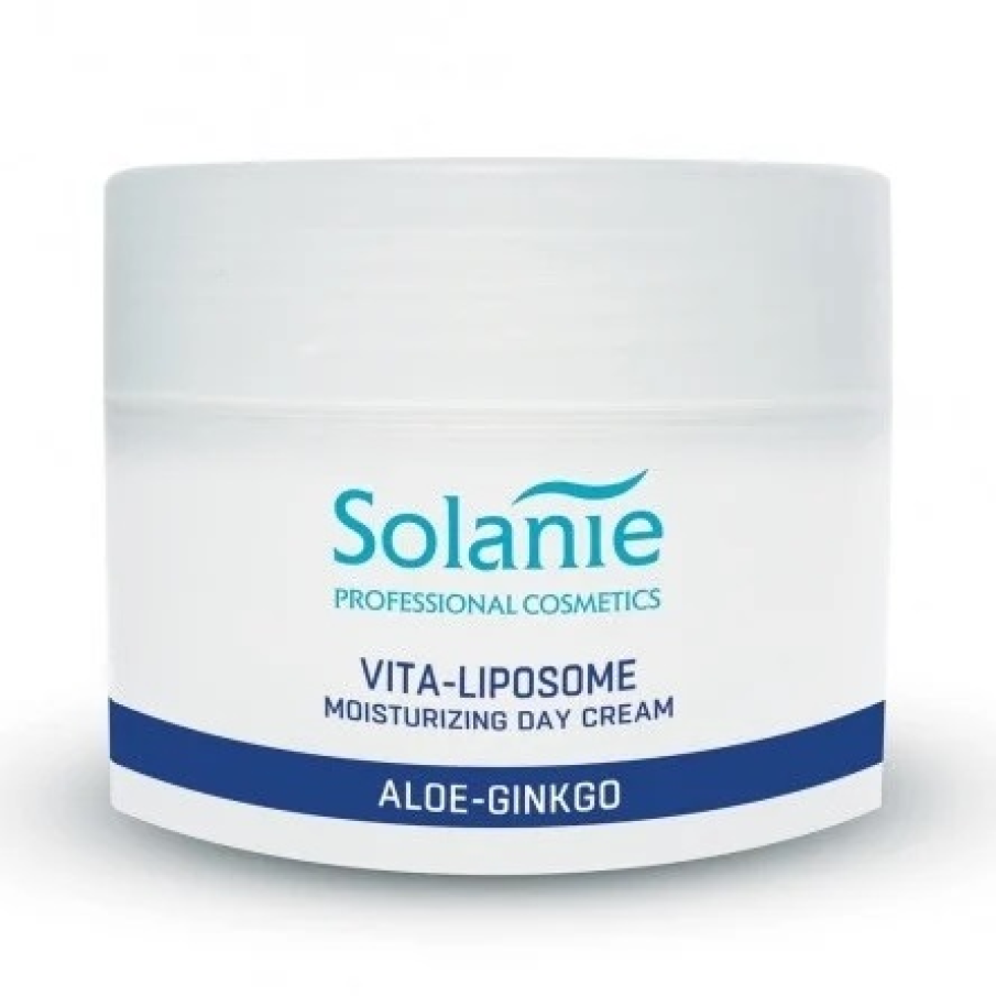 Crema de zi hidratantă cu lipozomi Solanie Aloe Ginkgo conține vitamina A și E,  extracte de aloe și ginkgo, ulei de jojoba și complexul NMF cu efect de hidratare și netezire.
