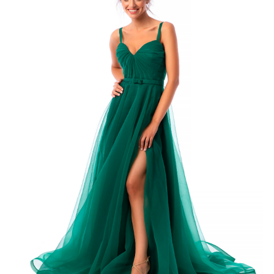 Rochie Ana Radu verde de ocazie croi în cloș cu decolteu în v din tul