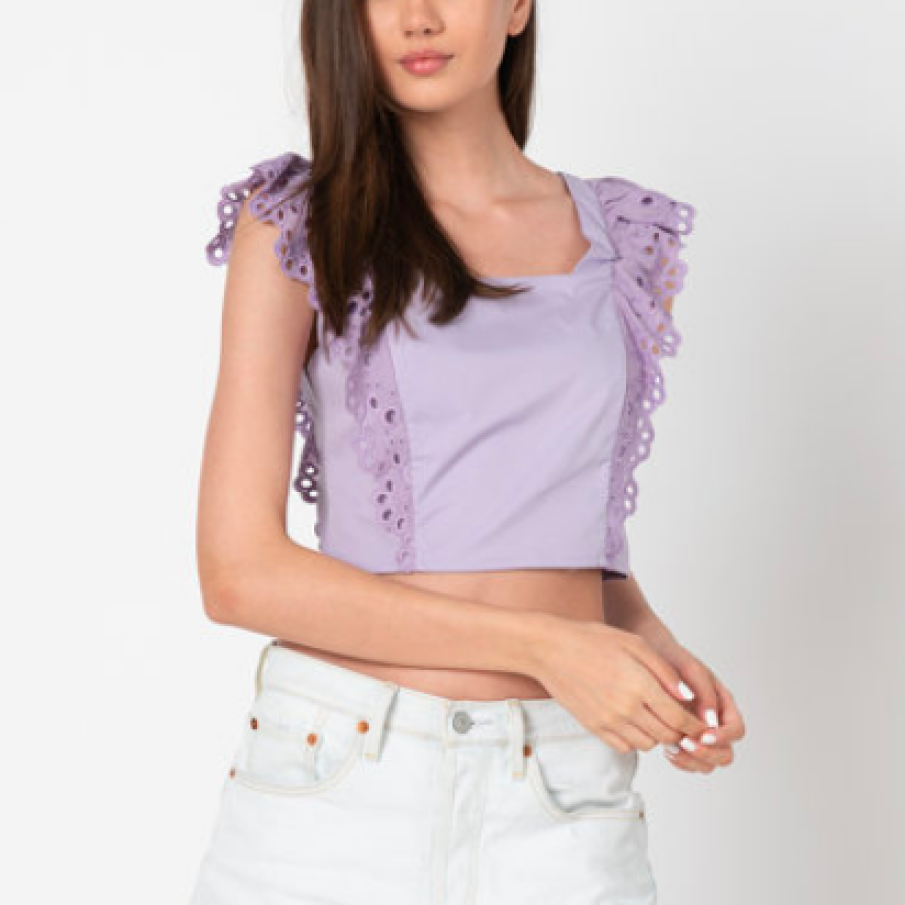 Bluza crop cu maneci fluture cu dantela Sangallo