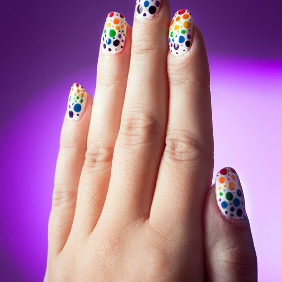 O opțiune de manichiură este reprezentată de bulinele în culorile curcubeului dispuse pe toate suprafața unghiilor.