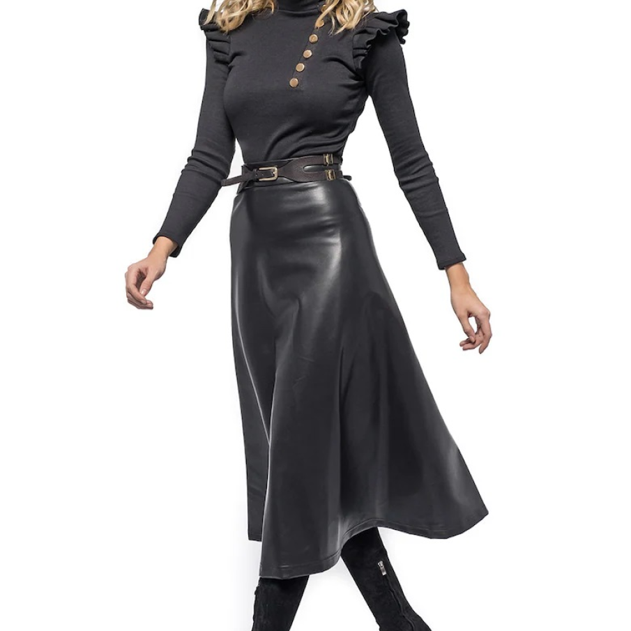 Fustă midi din piele ecologică by Casa de modă Vigo. Are croială evazată și un aer elegant