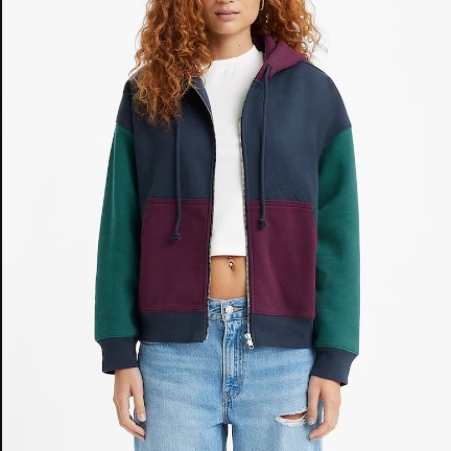 Hanorac modern tip colorblock (pe baza de verde, visiniu, albastru marin) cu fermoar si gluga de la Levi's 
