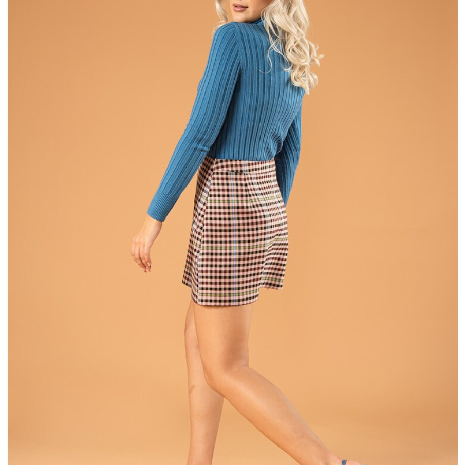 Fustă mini RESENSE în carouri mărunte, în nuanțe de toamnă. Este confecționată din amestec de lână și are croiala în A. 