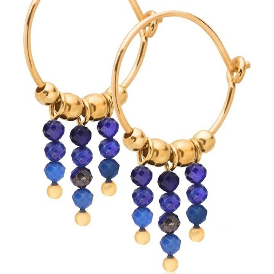 Cercei rotunzi ANIA KRUK , decorați cu șiraguri de pietre lapis lazuli naturale și bile aurite confecționat din argint 925, acoperit cu aur de 24 de carate.