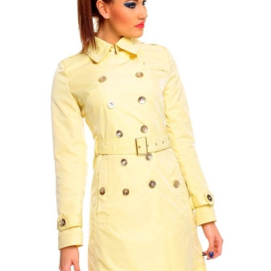 Trenci galben din tercot, modern, cu nasturi si curea