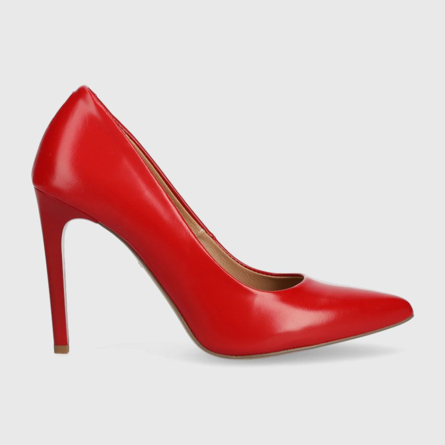 Pantofi stilettos de piele Wojas, de un roșu superb, cu toc subțire care are înălțimea de 10,5 cm