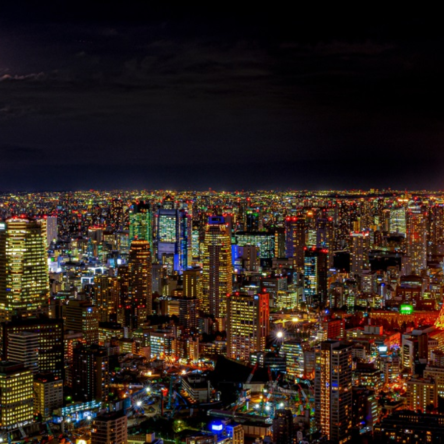Vedere panoramica asupra orasului Tokyo (Japonia) intr-o noapte cu luna plina