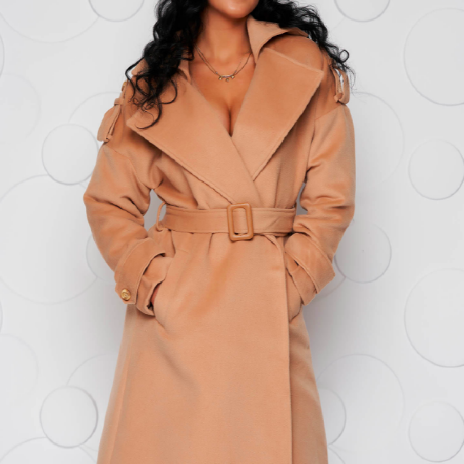 Palton crem casual lung cu croi larg din  stofă și cordon detașabil