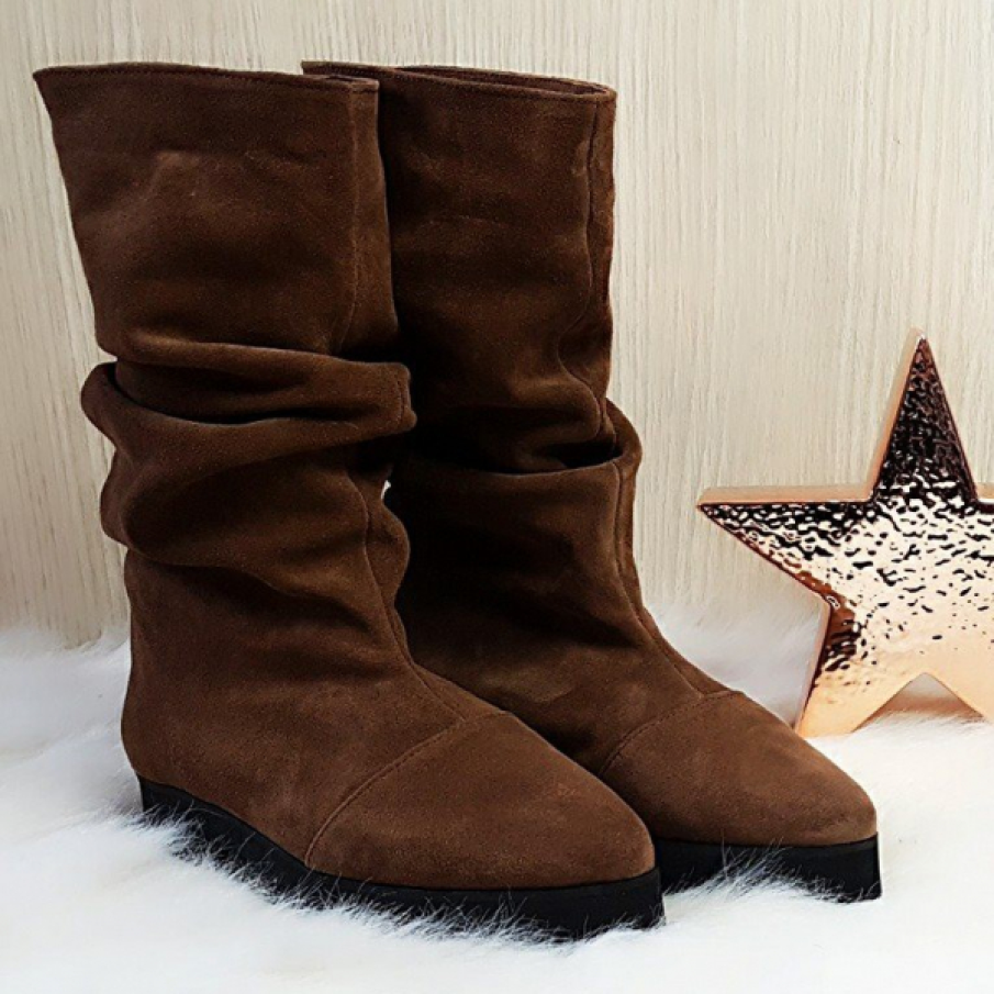 Cizme joase Mara din piele intoarsa Brown