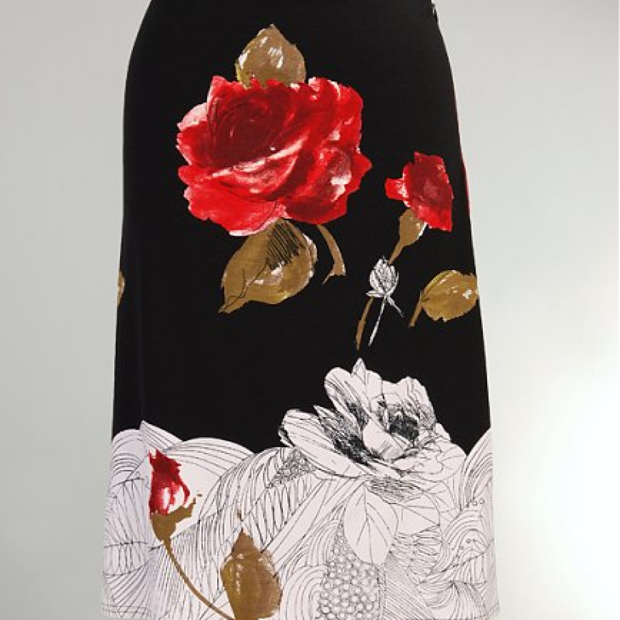 Fusta jerse negru cu imprimeu floral rosu 