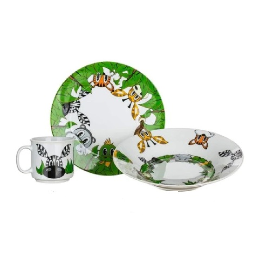Set de masă pentru copii Banquet Jungle cu motive vesele cu arici. Conține o farfurie plată și una adâncă cu diametru de 20 cm și o cană de 210 ml