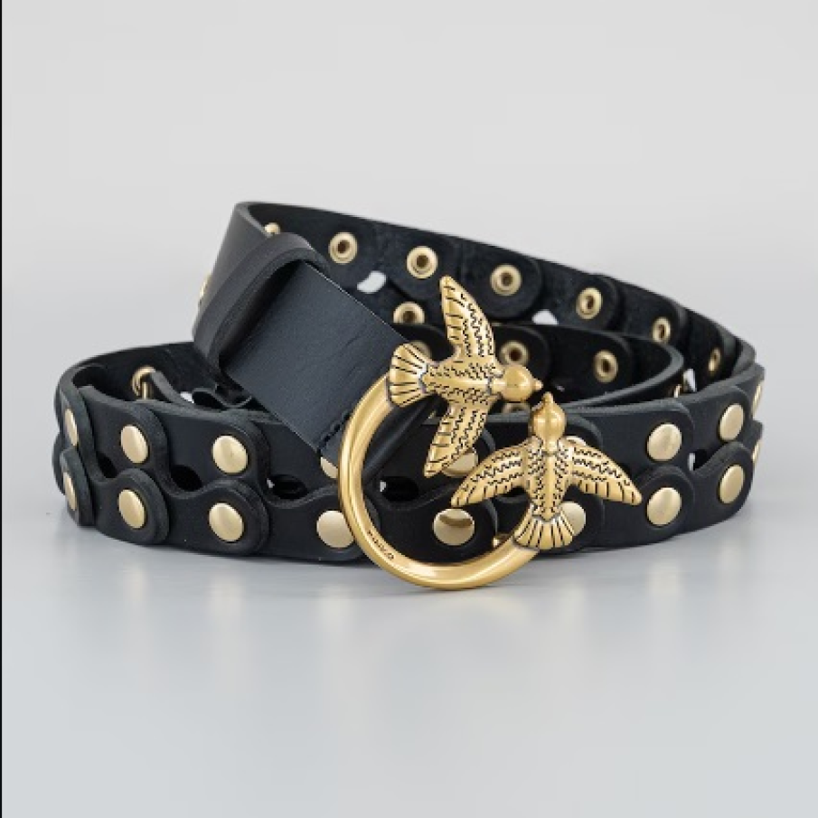 Curea Pinko subțire din piele cu nituri aurii 