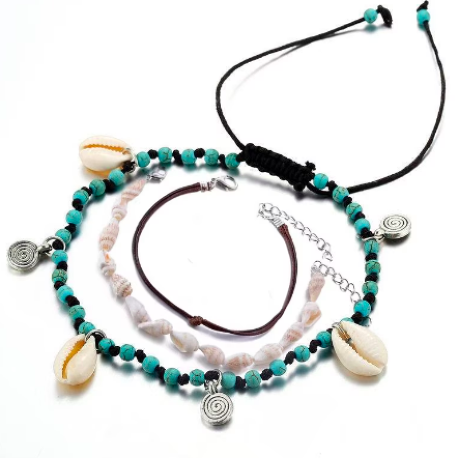 Set 3 brățări damă, model vară, lucrate manual, din sfoară, pandantiv scoică, mâna sau picior