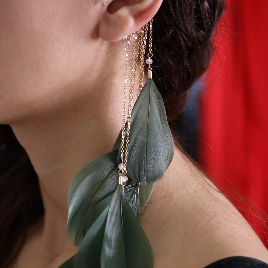 Cercel pe după ureche supradimensionat, cu pene și lanțuri 