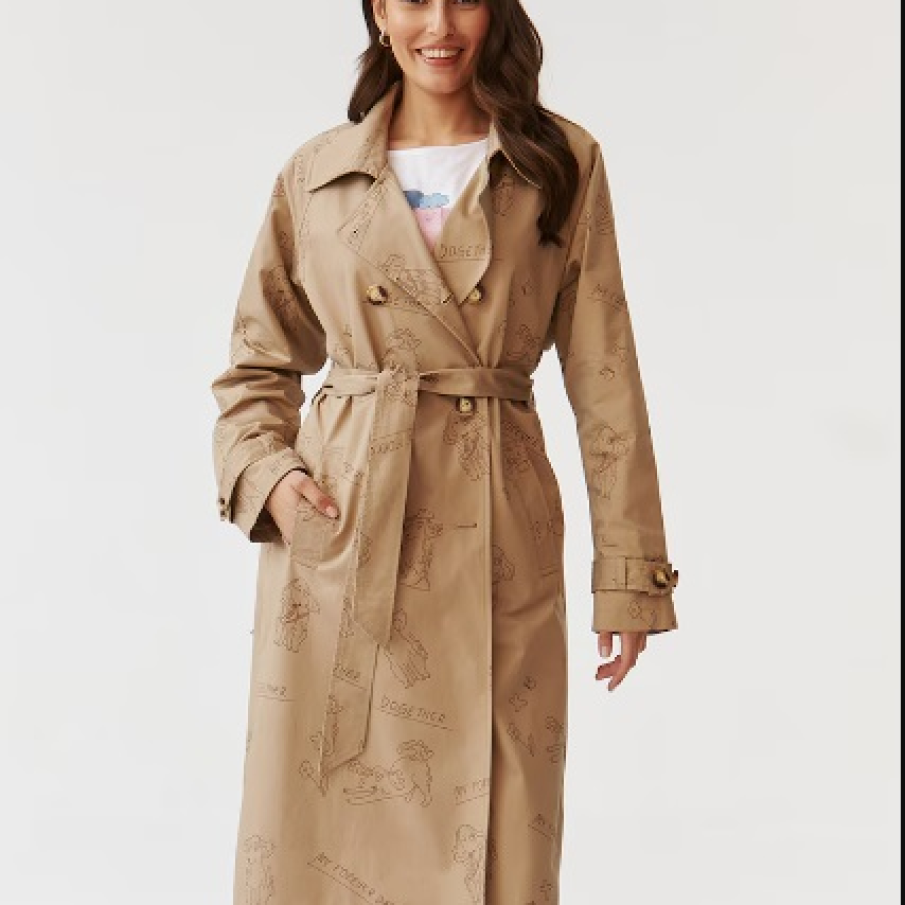 Trenci Tatuum cu imprimeu grafic, în nuanță de maro nisip 