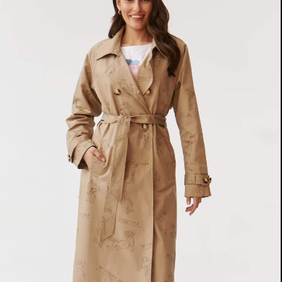 Trenci Tatuum cu imprimeu grafic, în nuanță de maro nisip 