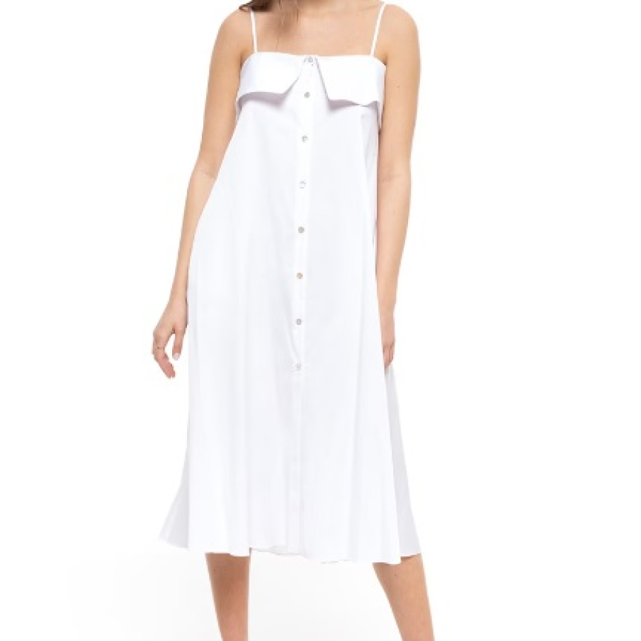 Rochie midi evazată cu bretele ajustabile de la NISSA. Dispune de un volan suprapus și nasturi decorativi