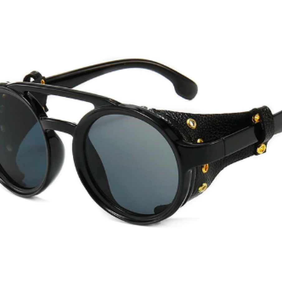 Ochelari de soare rotunzi Steampunk, unisex, model retro cu piele naturală laterală, protecție UV400, negru