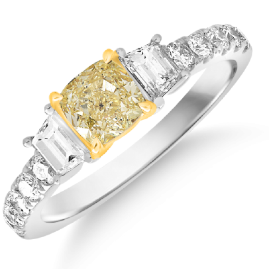 Inel de logodnă din aur alb de 18K cu diamant galben de 1ct și diamant de 0.48ct