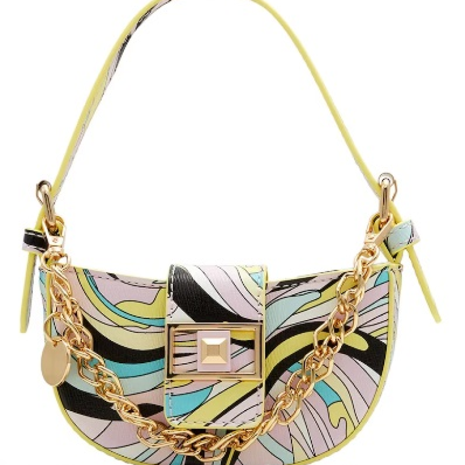 Geantă crossbody de piele ecologică de la Aldo, în format semilună, cu imprimeu abstract multicolor și lanț decorativ supradimensionat auriu