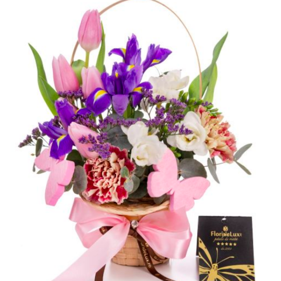 Coș lalele, iris și garoafe