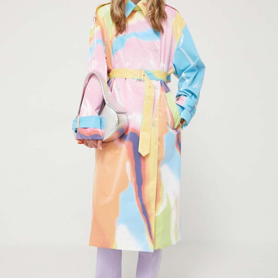 Trenci oversized multicolor by Stine Goya, de tranziție, având curea textilă atașată și aspect lucios 