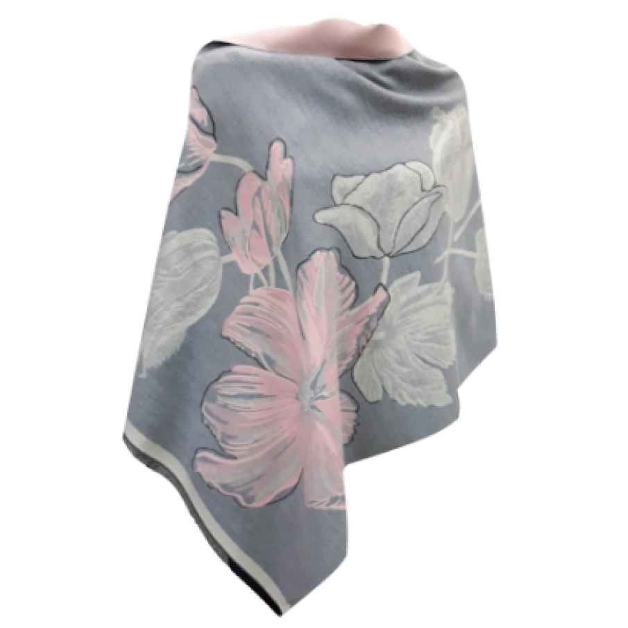 Șal damă, cu două fețe, gri/roz , model floral, dimensiune 190x65 cm