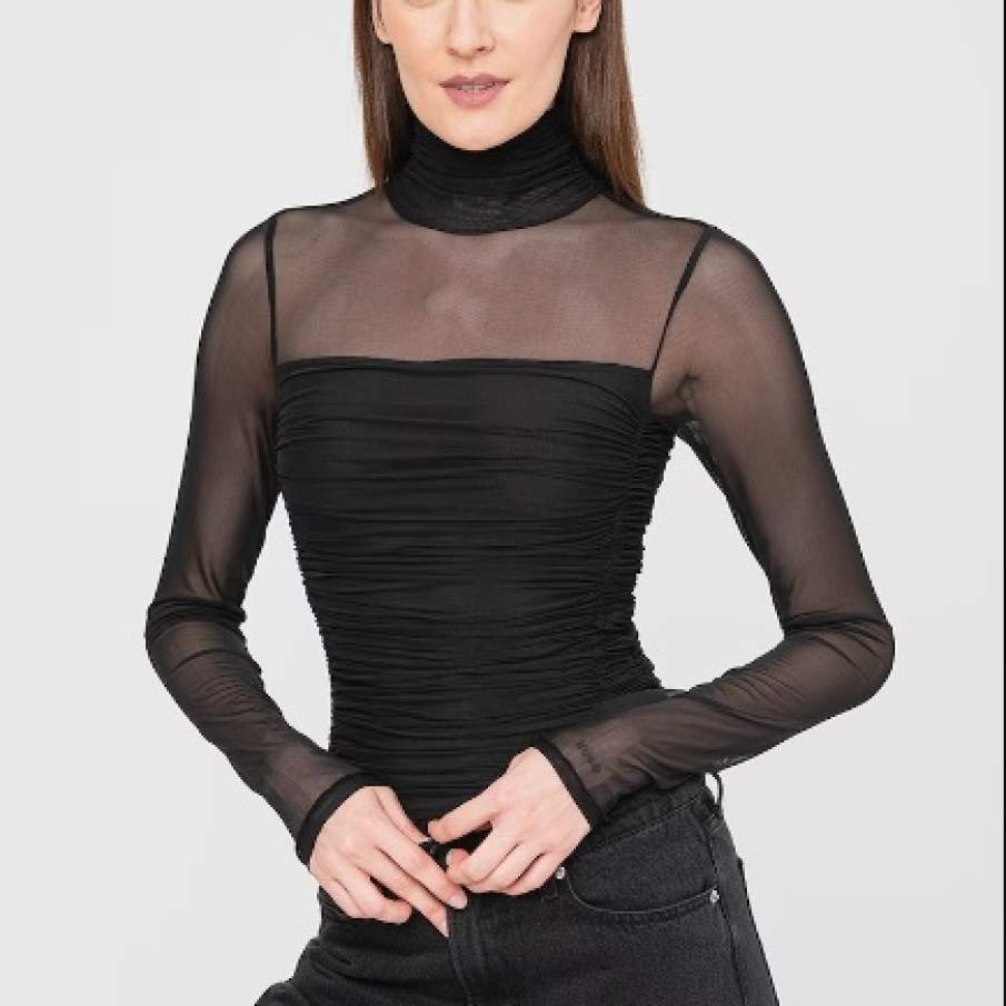 Bluza-body elegantă, cu guler, fronseuri și garnituri semitransparente de la HUGO 