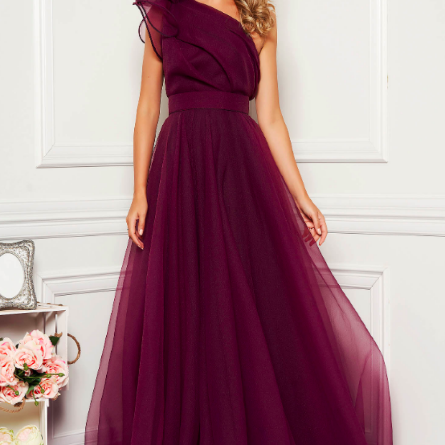 Rochie Ana Radu mov de lux pe umăr croi în clos căptușită pe interior accesorizata cu cordon