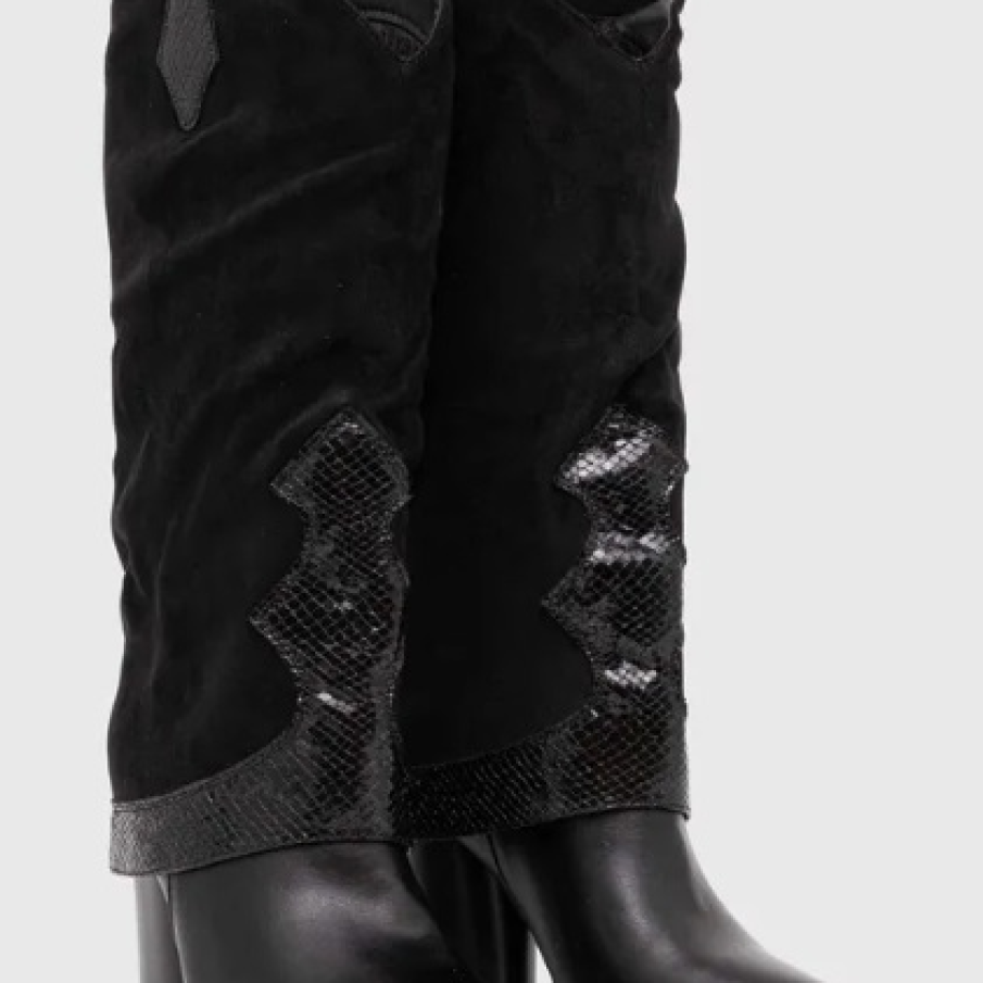 Cizme negre confecționate din combinația de piele ecologică cu imitație de piele întoarsă cu inserție de material lucios tip piele de șarpe 