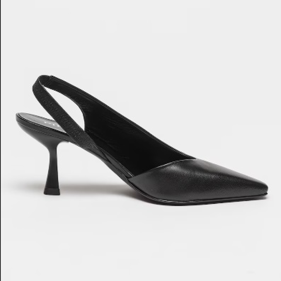 Pantofi simpli, negri, dar eleganți și de efect, cu tăieturi asimetrice, model slingback