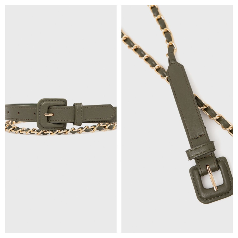 Curea din piele ecologică și lanțuri aurii împletite cu material ecologic 