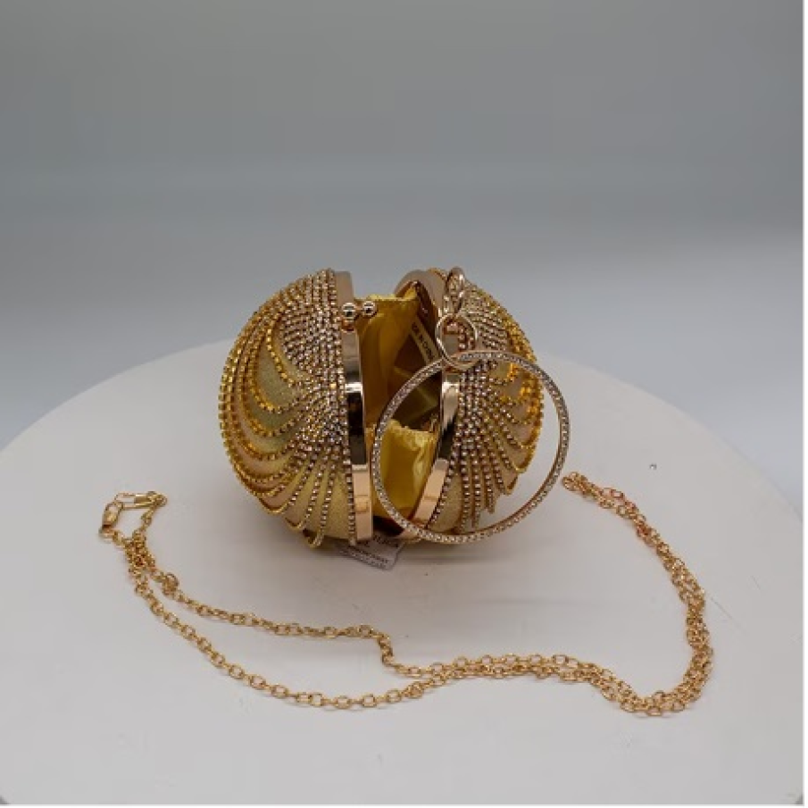Geantă mini aurie elegantă, în formă de sferă, de ocazie, cu textură satinată și decorată cu ștrasuri din cristale artizanale