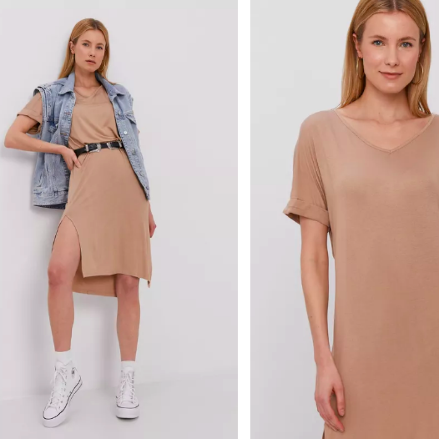 Rochie midi nude, cu crăpătură pe picior