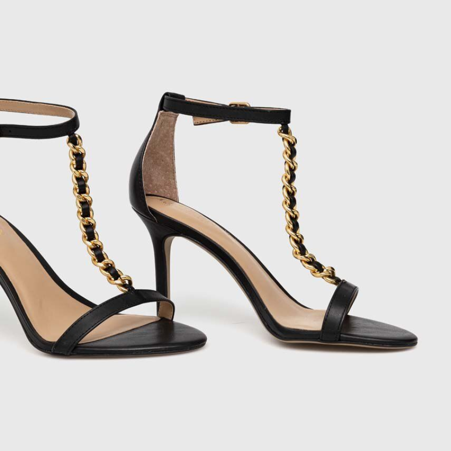 Sandale elegante Lauren Ralph Lauren cu toc subțire și înalt, baretă și detaliu auriu metalic împletit cu piele 