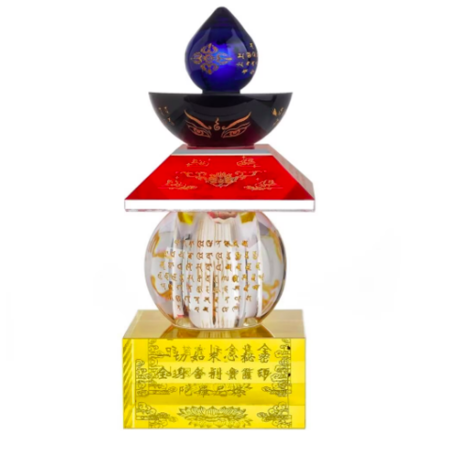 Pagodă feng shui cristal 5 elemente, 5 culori și 5 forme cu ideograme de protecție bani și de ghinioane în dragoste, multicolor 19 cm