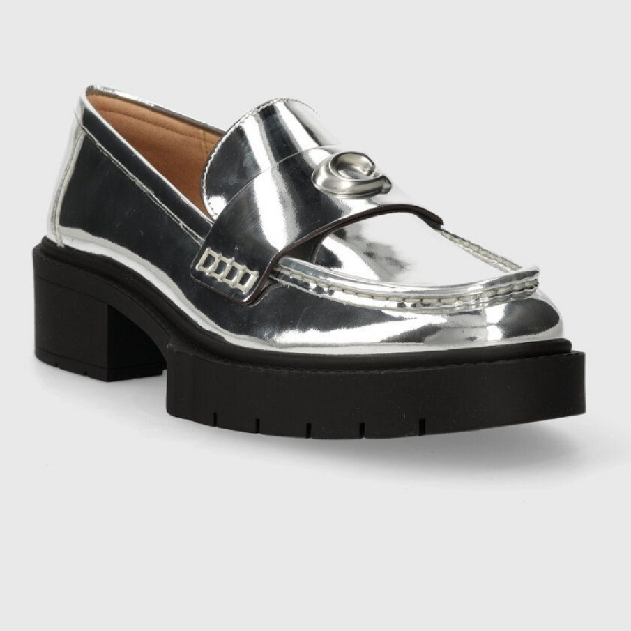 Loafers metalici argintii din colecția Coach, confecționati din piele lăcuită