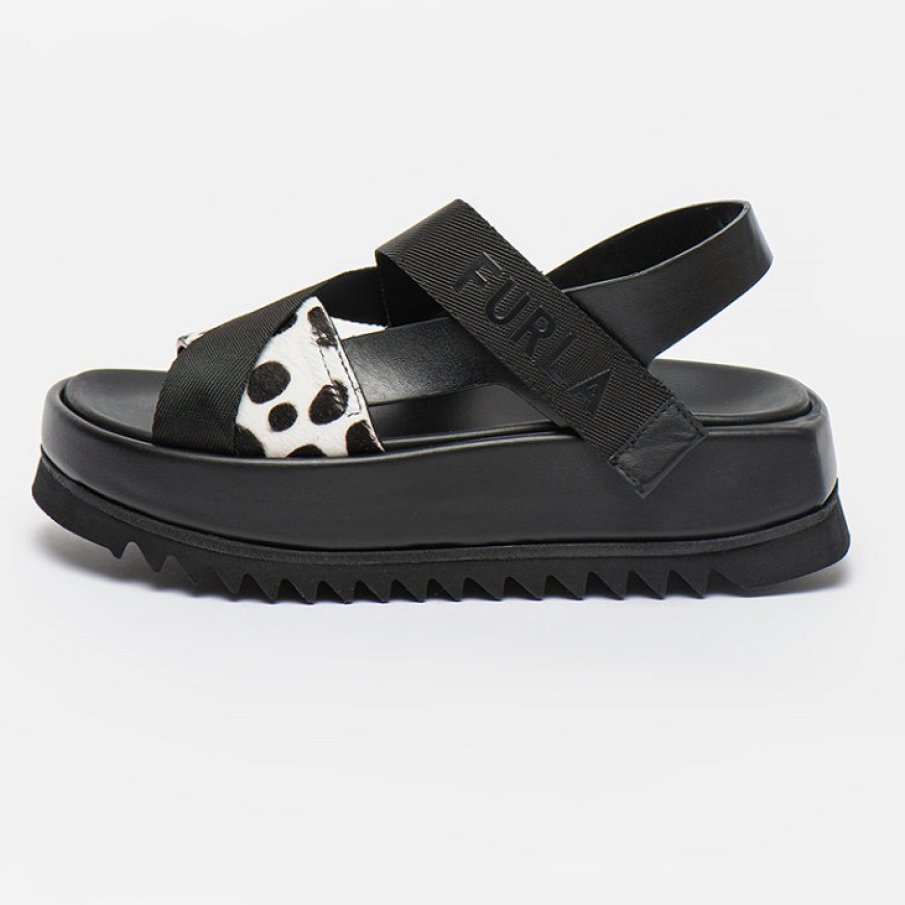 Sandale negre Furla, din piele, având talpă wedge și un imprimeu animal print parțial, pentru un efect deosebit